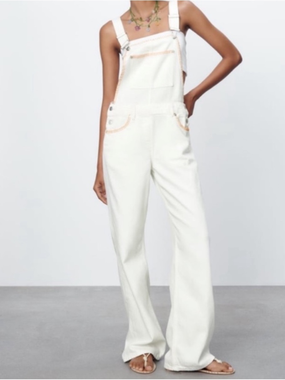 Zara White Wide-Leg Denim Overalls - Women's Jeans